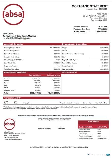 Download Mauritius Absa Bank mortgage statement Word and PDF template Photoshop template